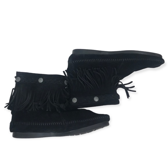 Minnetonka Black Suede Fringe Ankle Booties Moccasins - Picture 3 of 16